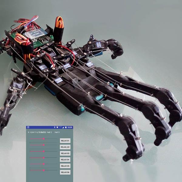 A robotic hand with 3D printed parts, servos and electronics