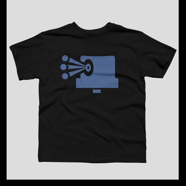 A black t-shirt with a graphically spray can cap in blue-gray