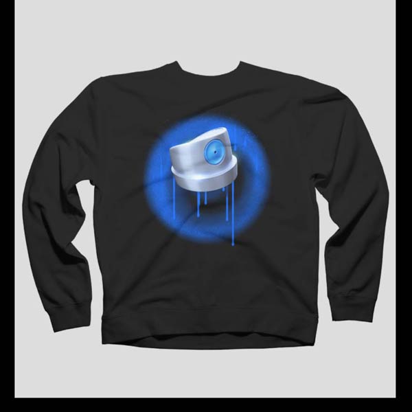 A black sweatshirt with an image of an large spray can cap on a sprayed mark from a fat cap with dripping paint in blue